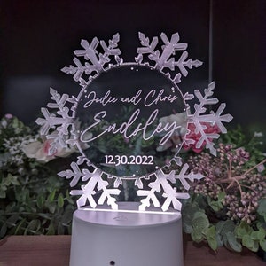 Snowflake LED Cake Topper, Winter Wedding keepsake, Christmas Gift Decor, Birthday, Personalized, Clear Acrylic, Engraved, Elegant, Lights image 9