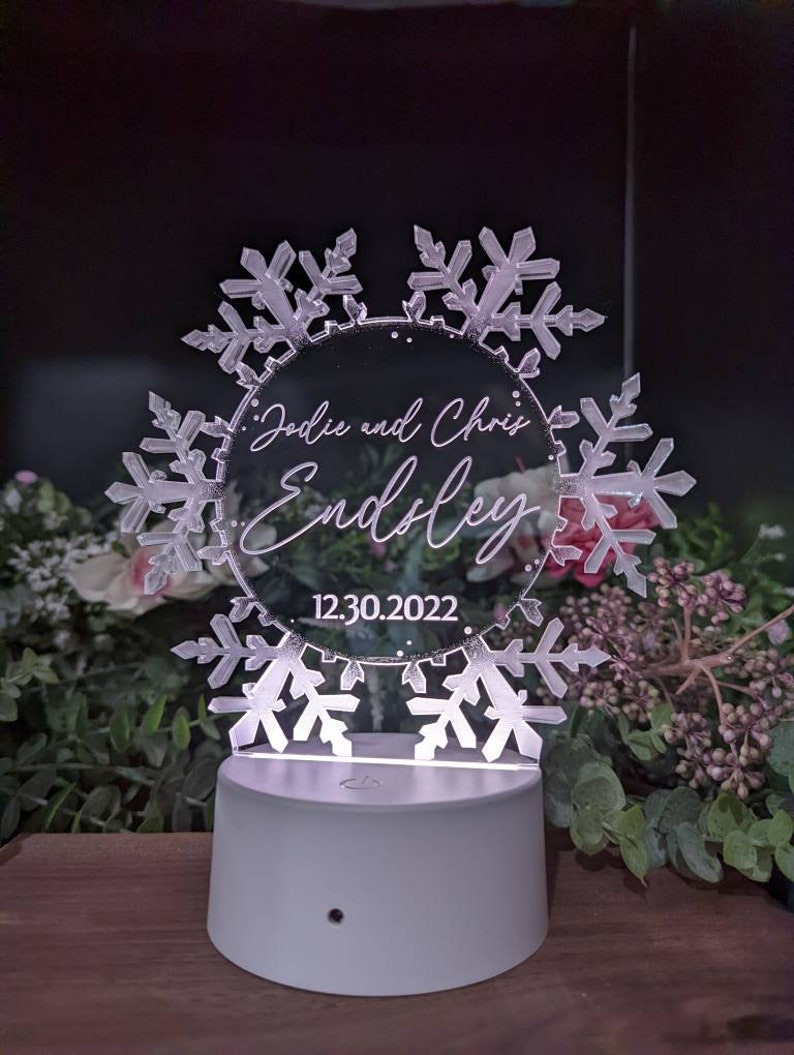 Snowflake LED Cake Topper, Winter Wedding keepsake, Christmas Gift Decor, Birthday, Personalized, Clear Acrylic, Engraved, Elegant, Lights image 9