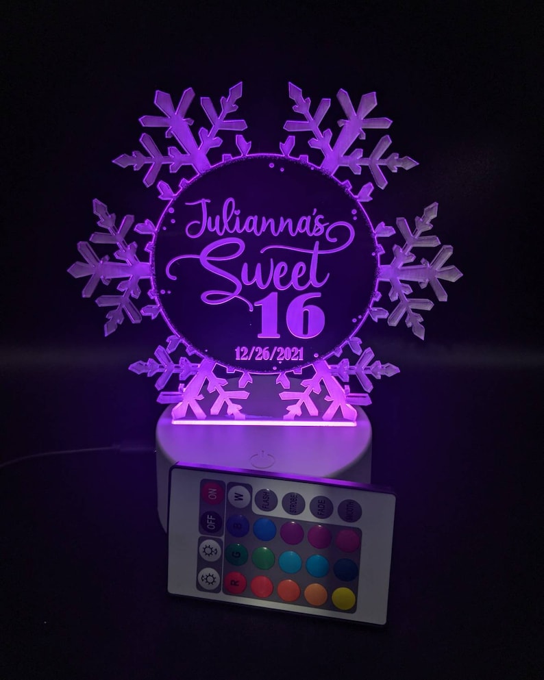 Snowflake LED Cake Topper, Winter Wedding keepsake, Christmas Gift Decor, Birthday, Personalized, Clear Acrylic, Engraved, Elegant, Lights image 6