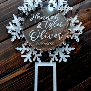 Elegant Frosted Edges Acrylic Snowflake Cake Topper, Winter Wonderland Wedding, Birthday, Frozen Party, Personalized, Clear Center, Engraved image 5