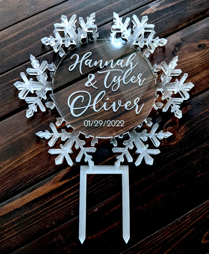 Elegant Frosted Edges Acrylic Snowflake Cake Topper, Winter Wonderland Wedding, Birthday, Frozen Party, Personalized, Clear Center, Engraved image 5