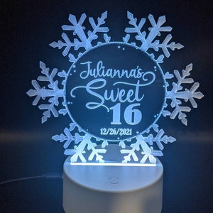 Snowflake LED Cake Topper, Winter Wedding keepsake, Christmas Gift Decor, Birthday, Personalized, Clear Acrylic, Engraved, Elegant, Lights image 8