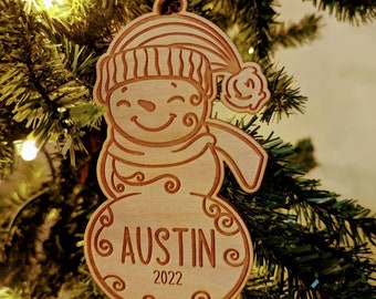 Snowman Christmas Tree Ornament, Acrylic or Wood Ornament, Cute Child and Family Ornaments, Personalized Name and year, Engraved Snowmen