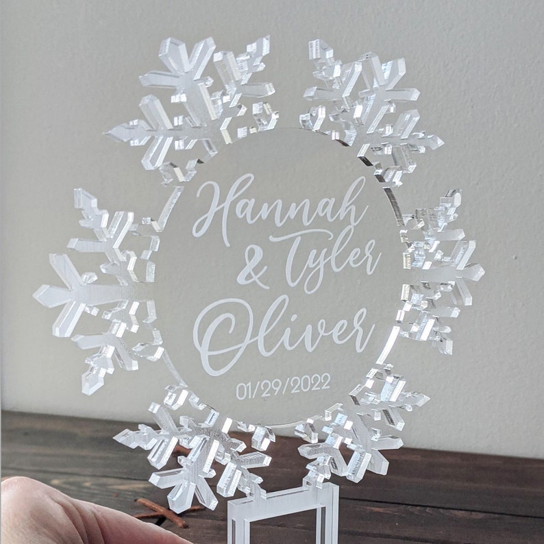 Elegant Frosted Edges Acrylic Snowflake Cake Topper, Winter Wonderland Wedding, Birthday, Frozen Party, Personalized, Clear Center, Engraved image 6