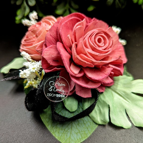 Personalized Prom Dance Ball 2024 Floral Charms, Couples Names, Flower Corsage & Boutonniere Accessory, Keepsake Gift, Acrylic, Engraved