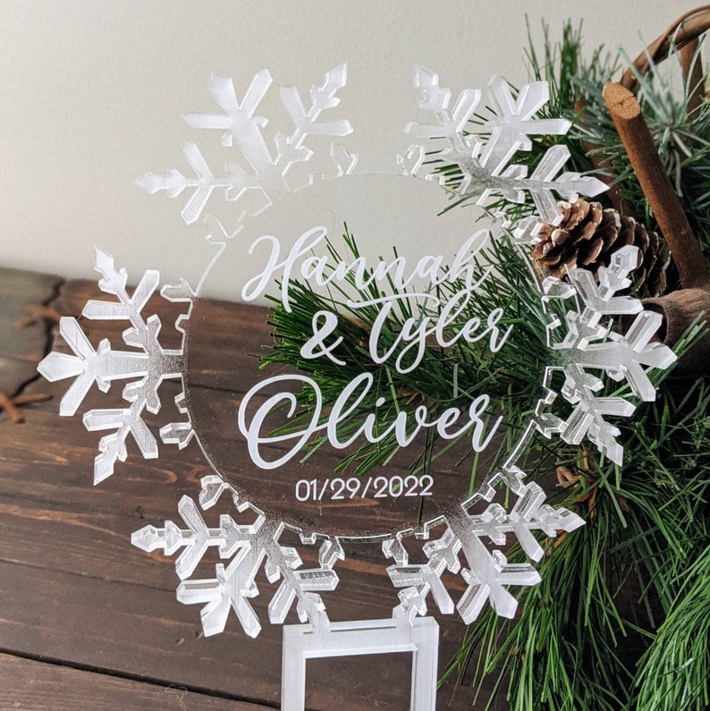 Elegant Frosted Edges Acrylic Snowflake Cake Topper, Winter Wonderland Wedding, Birthday, Frozen Party, Personalized, Clear Center, Engraved image 7