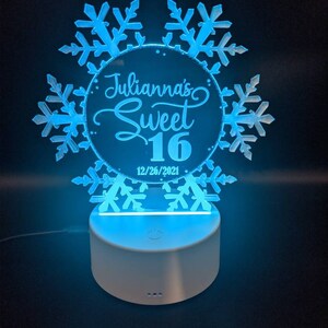 Snowflake LED Cake Topper, Winter Wedding keepsake, Christmas Gift Decor, Birthday, Personalized, Clear Acrylic, Engraved, Elegant, Lights image 7