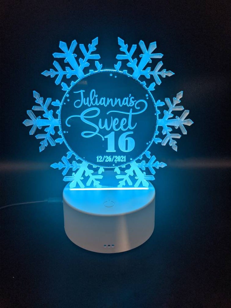 Snowflake LED Cake Topper, Winter Wedding keepsake, Christmas Gift Decor, Birthday, Personalized, Clear Acrylic, Engraved, Elegant, Lights image 7