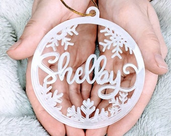 Personalized Snowflake Christmas Ornament: Acrylic or Wood Gift Tag
