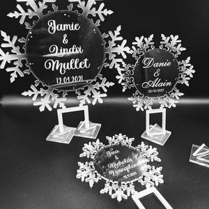 Elegant Frosted Edges Acrylic Snowflake Cake Topper, Winter Wonderland Wedding, Birthday, Frozen Party, Personalized, Clear Center, Engraved image 10