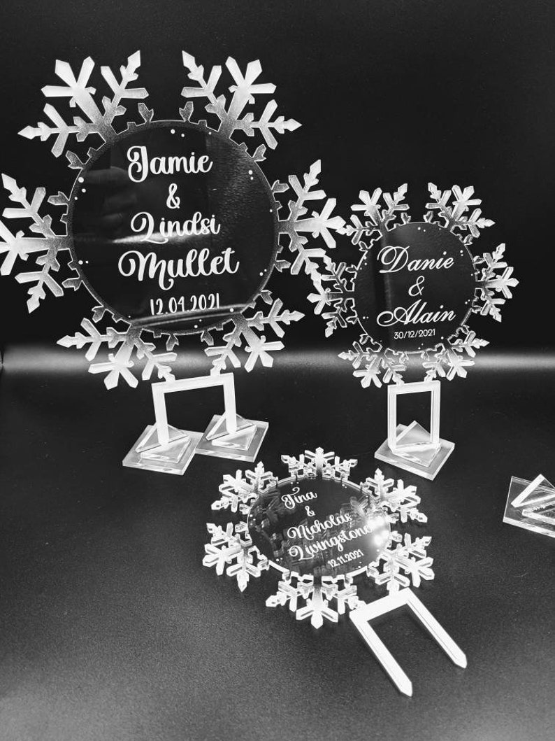 Elegant Frosted Edges Acrylic Snowflake Cake Topper, Winter Wonderland Wedding, Birthday, Frozen Party, Personalized, Clear Center, Engraved image 10