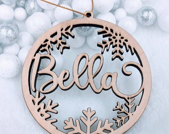 Personalized Christmas Ornament: Wood Snowflake Gift Tag, Stocking Name