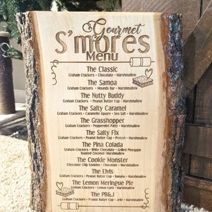 S'more Menu Sign, Gourmet S'mores Menu Sign, Rustic Camp Sign, Engraved Smore wood sign, Camping Sign, Wedding Party S'more Station Sign