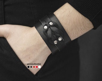 Handcrafted Black Leather Cuff Bracelet Adjustable Unisex Wristband Perfect for Gothic and Punk Styles Wide Leather Cuff for Men and Women