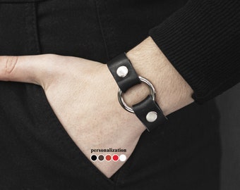 Slim Leather cuff bracelet with o-ring for men or women for wrist from 4.7 to 7.8 inch (12-20 cm), 6948