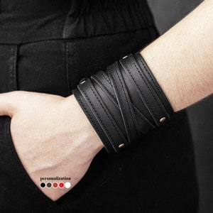 Wide stitched Leather cuff bracelet for men or women for wrist from 4.7 to 8.3 inch (12-21 cm), 6714st