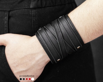 Wide stitched Leather cuff bracelet for men or women for wrist from 4.7 to 8.3 inch (12-21 cm), 6714st