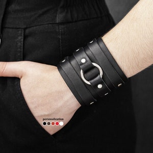 Wide leather cuff bracelet with o-ring for men or women for wrist from 4.7 to 8.3 inch (12-21 cm), 6711