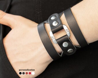 Wide leather cuff bracelet for man or woman for wrist 5.9 to 7.1 inch (15-18 cm), 3030