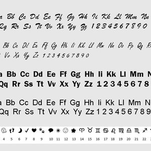 May include: A light gray background displays four different font styles, each showcasing the alphabet and numbers. Below, a series of small icons and zodiac symbols are arranged in a row, numbered from 1 to 25.