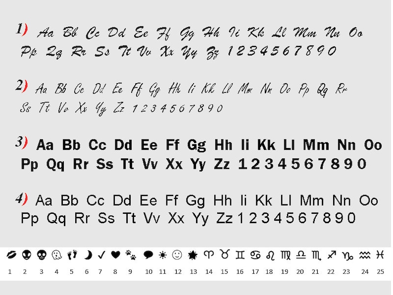 May include: A light gray background displays four different font styles, each showcasing the alphabet and numbers. Below, a series of small icons and zodiac symbols are arranged in a row, numbered from 1 to 25.