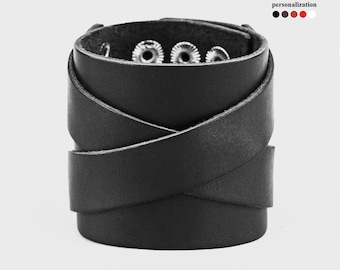 Rugged Wide Leather Cuff with Cross Detail, Versatile Black Bracelet, Edgy Fashion for Men & Women, Cool Birthday or Anniversary Gift 3297