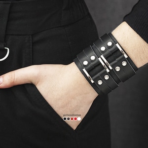 wide Leather cuff wristbands for men or women, black Leather cuff wrist bracelet, 3121