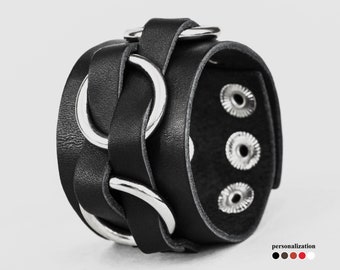 Wide leather cuff bracelet for men or women with o-ring for wrist from 4.7 to 9.4 inch (12-24 cm), 3405