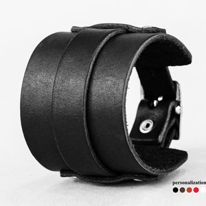 Leather wide wrist cuff bracelet for man or woman, Black wide leather cuff wristband, 6330