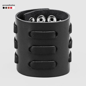 wide Leather wrist cuff bracelet, Black wide leather cuff wristband for men or women,  3525