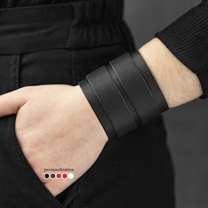 wide Leather wrist cuff bracelet, Black wide leather cuff wristband for men or women, 3296