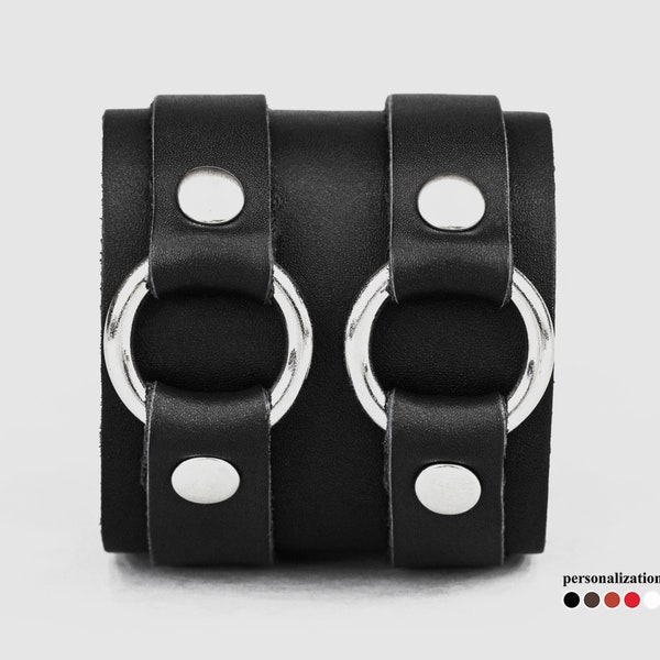 wide Leather wrist cuff bracelet, Black wide leather cuff wristband for men or women with rings, 3178