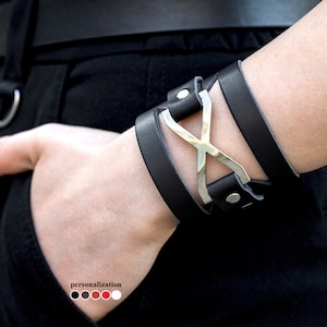 Wide leather bracelet with cross, Wide leather cuff bracelet for man or woman, Black arm bangle wristband, 3036