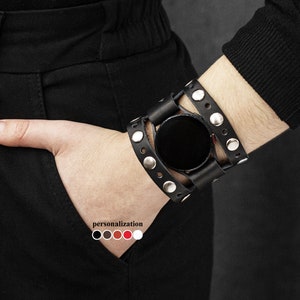 Wide rivet leather cuff band compatible with Samsung and other Smart watch for men or women,  2625