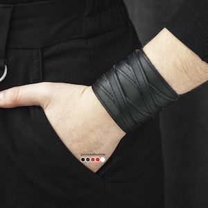 wide Leather stitched bracelet with cross, Leather wrist cuff bracelet, Black wide leather cuff wristband for men or women, 3295st