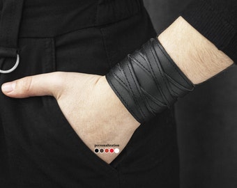 wide Leather stitched bracelet with cross, Leather wrist cuff bracelet, Black wide leather cuff wristband for men or women, 3295st