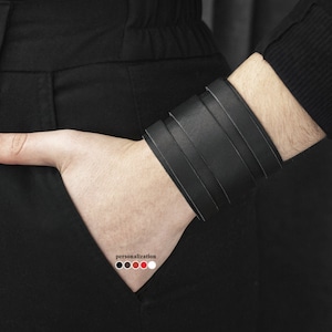 breites Leder Manschettenarmband, Schwarzes stilvolles lakonisches breites Leder Manschettenarmband für Männer oder Frauen, 3574