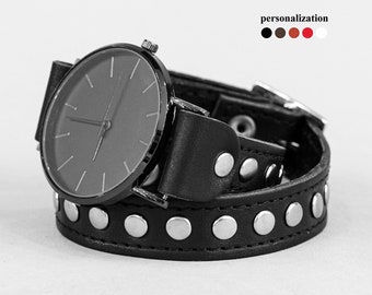 Double Wrap Stud Leather Watch Band, Stylish Watch Accessory, Studded Rivet Strap for 16-30mm, Perfect Birthday Gift,  5820st