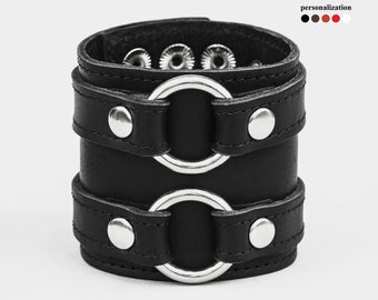 wide Leather wrist cuff bracelet, Black wide leather stitched cuff wristband for men or women with rings, 3178