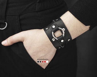Studded black double wrap boho leather bracelet with o-ring for men or women, 8071
