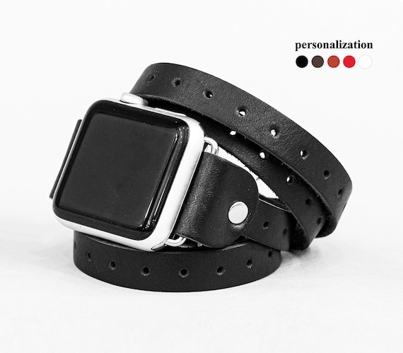 Double Tour Compatible with Apple watch bands 44mm 40mm 45mm 41mm 38mm 42mm  Ultra 49mm Genuine Leather bracelet Replacement iWatch series 9 8 7 SE 6 5  4 3 2 1 Strap Light blue 
