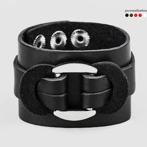 wide Black Leather unique cuff wrist bracelet, Leather wristband for men or women, 3745