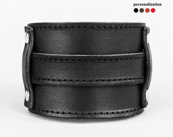wide stitched Leather cuff bracelet for men or  women for wrist 5.5-9 in (14-23 cm), 6552st