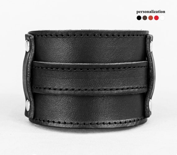 wide stitched Leather cuff bracelet for men or  women for wrist 5.5-9 in (14-23 cm), 6552st