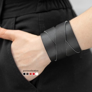 Leather bracelet with cross, wide Leather wrist cuff bracelet, Black wide leather cuff wristband for men or women, 3297