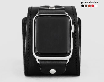 Wide leather stitched Apple watch cuff band for men or women 38mm 40mm 41mm 42mm 44mm 45mm 49mm, series 4 5 6 7 8 9 SE Ultra Ultra 2, 1105st