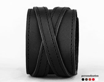 wide Leather wrist cuff bracelet, Black wide leather cuff wristband for men or women, 3293st