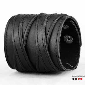 wide stitched Leather cuff bracelet with cross for men or women for wrist from 4.7 to 9.4 inch (12-24 cm), 3295st