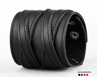 wide stitched Leather cuff bracelet with cross for men or women for wrist from 4.7 to 9.4 inch (12-24 cm), 3295st