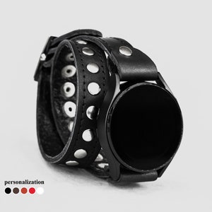 Leather stud stitched double wrap cuff band compatible with Samsung and other Smart watch for men or women,  2820st
